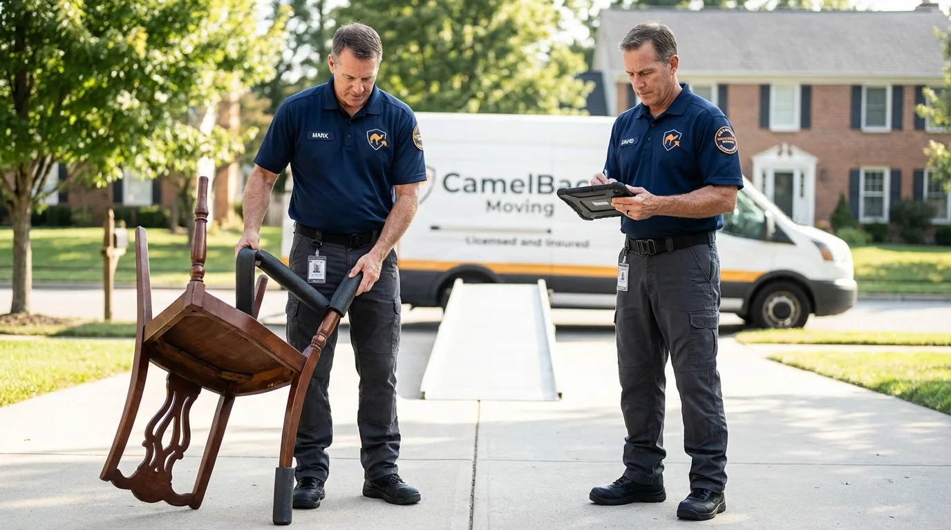 Movers inspecting furniture for damage prevention before loading in Winona Lake, IN