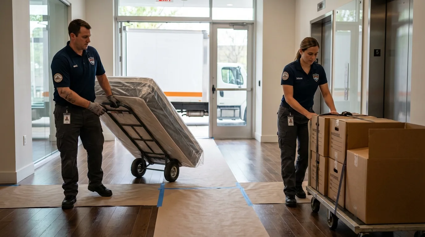 Professional apartment movers loading elevator in Winona Lake, IN