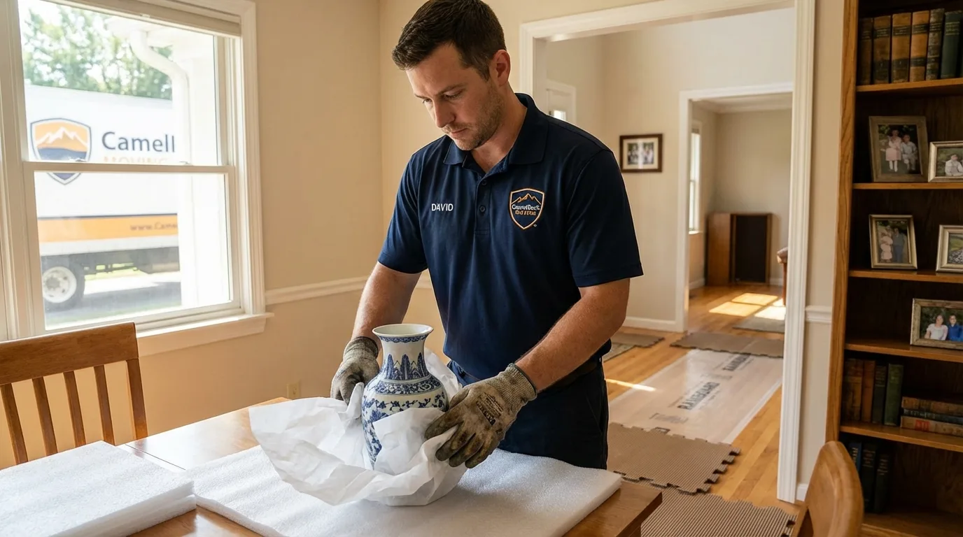 Professional crew carefully wrapping antique vase for senior downsizing move in Winona Lake, IN